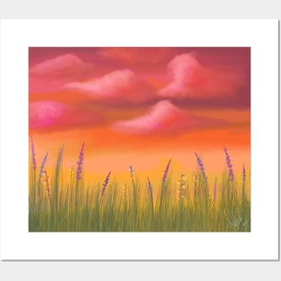 Pastel Sunset Landscape Lavender Grass Meadow Calming Scenery  Artwork Posters and Art